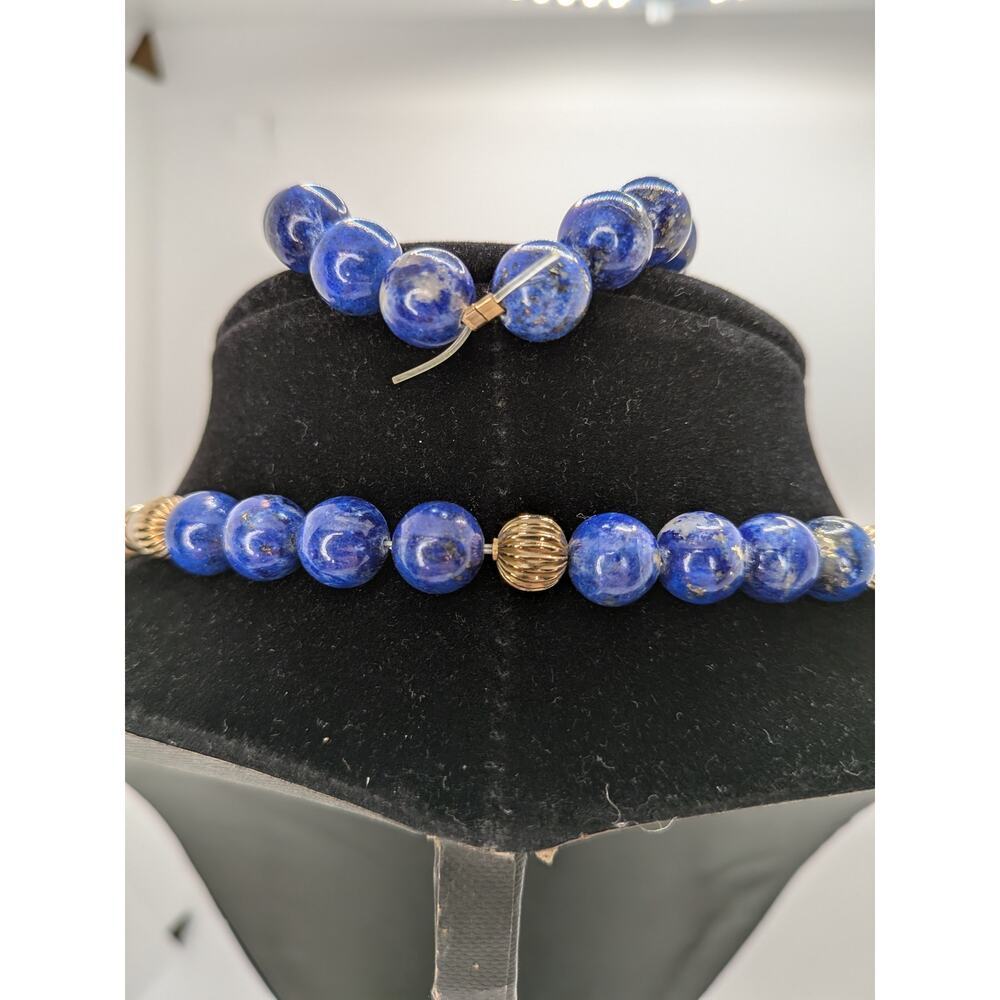 Blue Lapis Vintage Necklace Bracelet and Earring Suite with Gold Beads & Pearls - Picture 5 of 7
